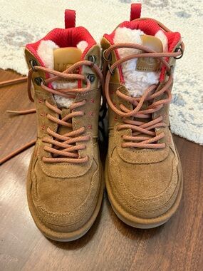 Ugg Brown Suede Winter Boots with Red Trim